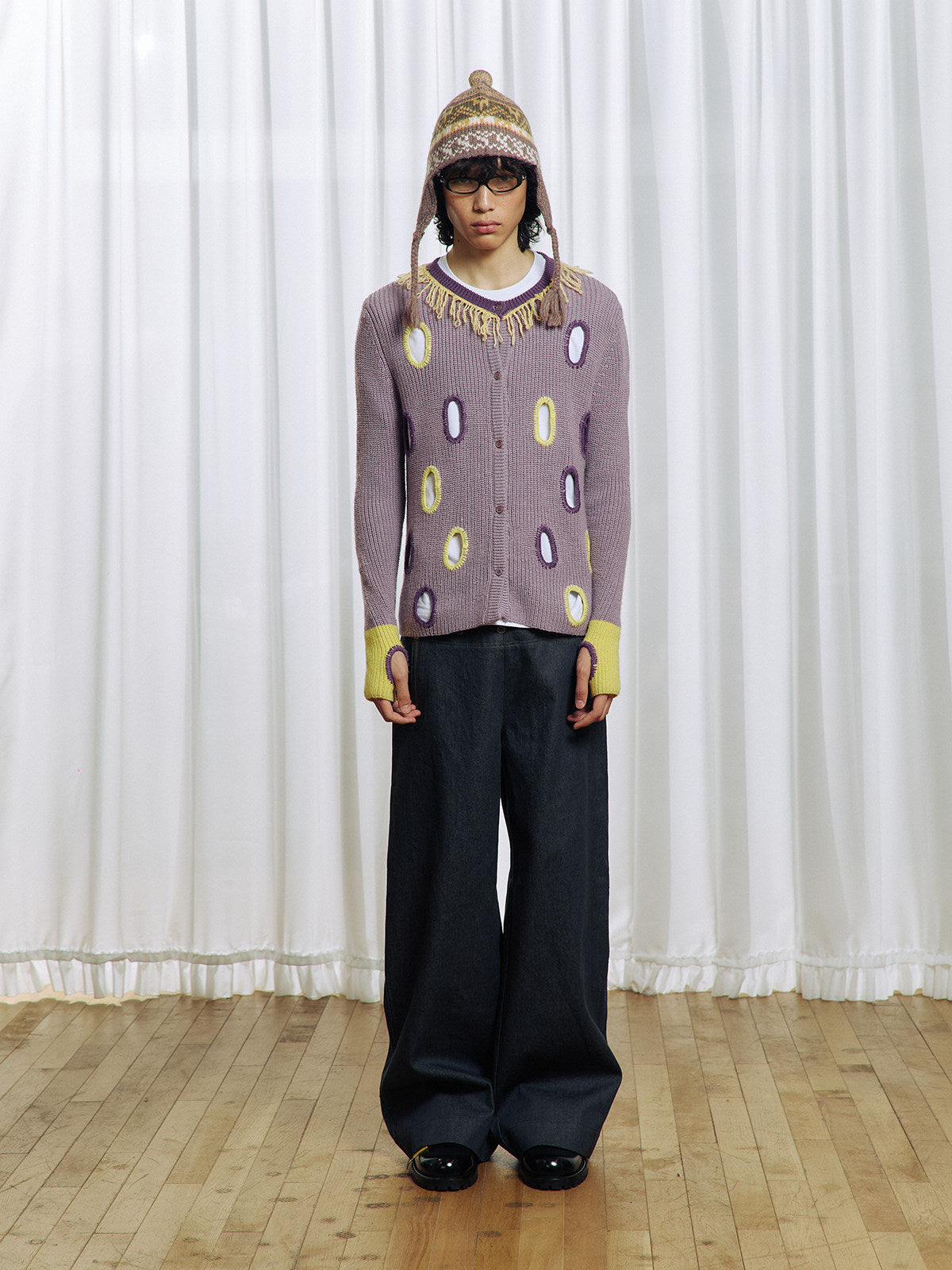 Hollowed-out wool blend cardigan