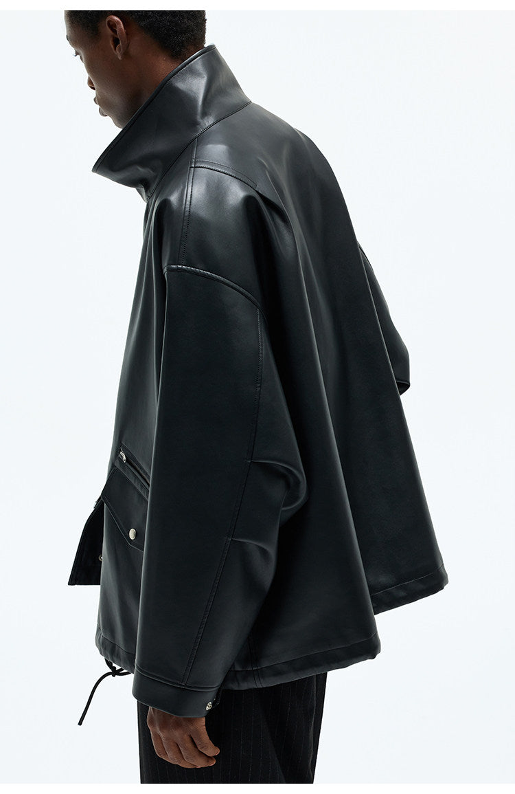 Multi-Pocket Fake Rum Skin Jacket