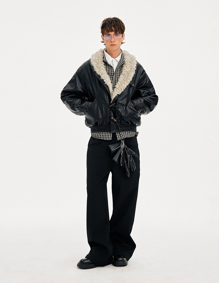 Horn Button Fur Collar Leather Jacket