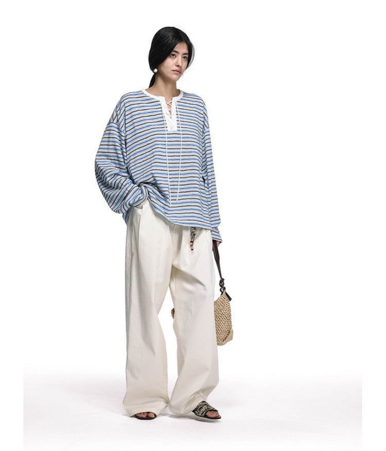 Drawstring Tie Henley Collar T-Shirt