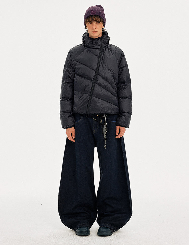 Diagonal Zipper Hooded Lightweight Down Jacket