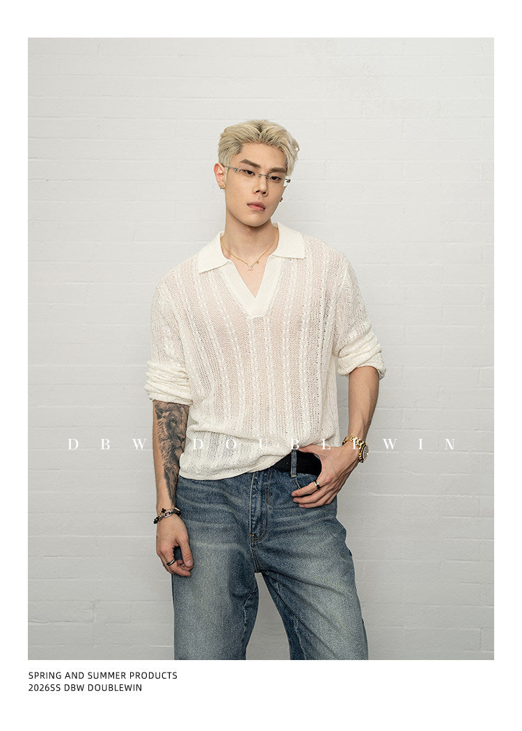 V-neck lapel knit sweater