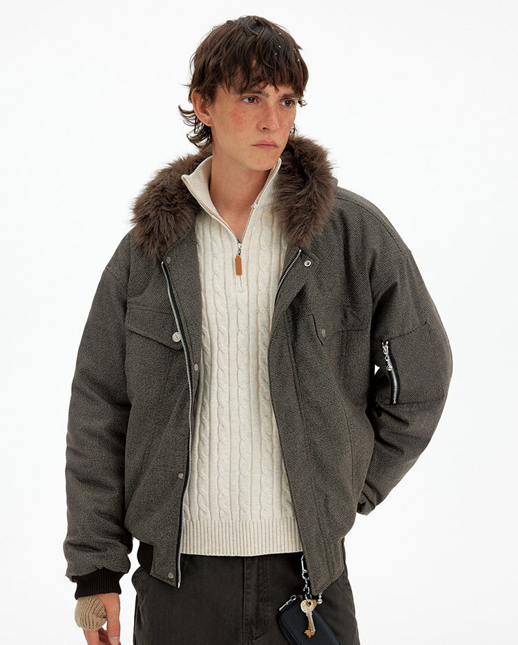 Houndstooth Fur Collar Cotton Jacket