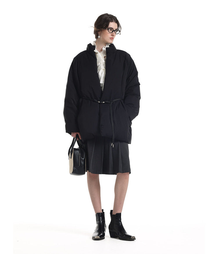 Mid-length down jacket with belt