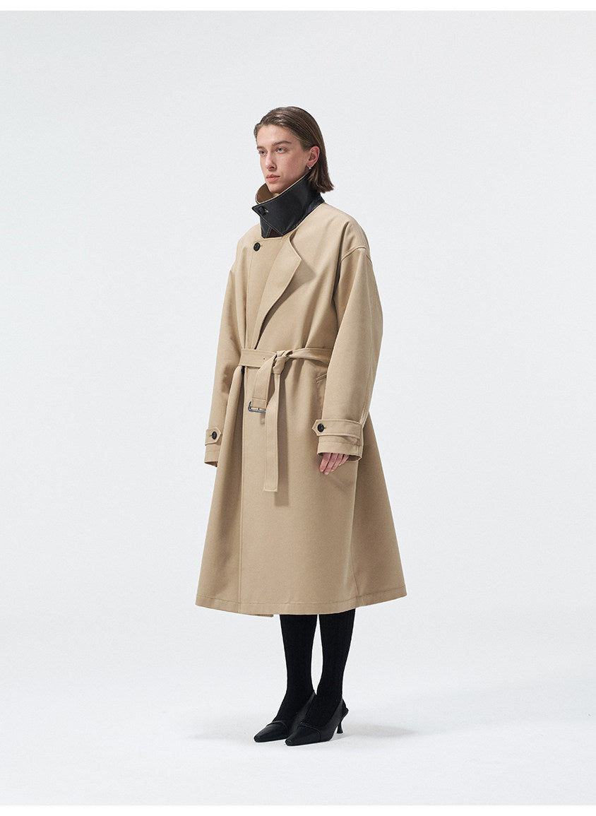 Cotton & Leather Trim Trench Coat