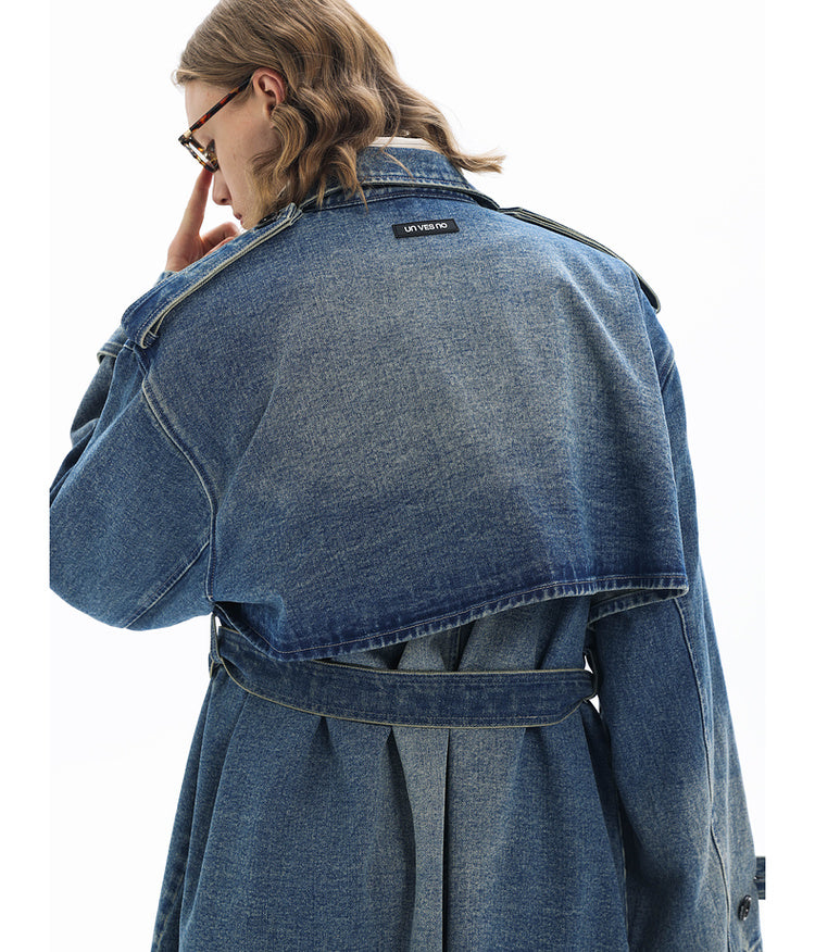 Double-breasted denim long coat