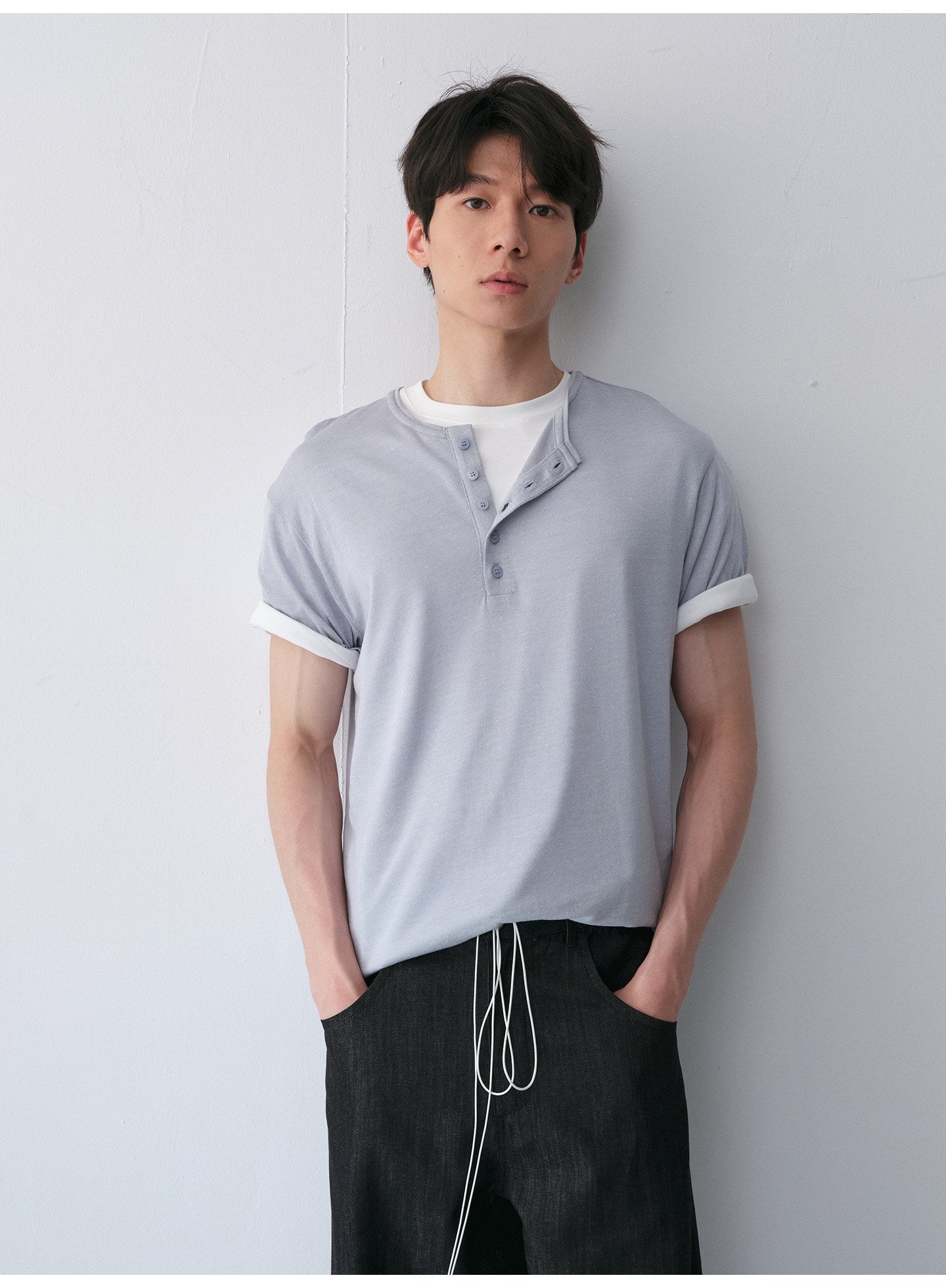 Henry-Collar Drop-Shoulder T-Shirt