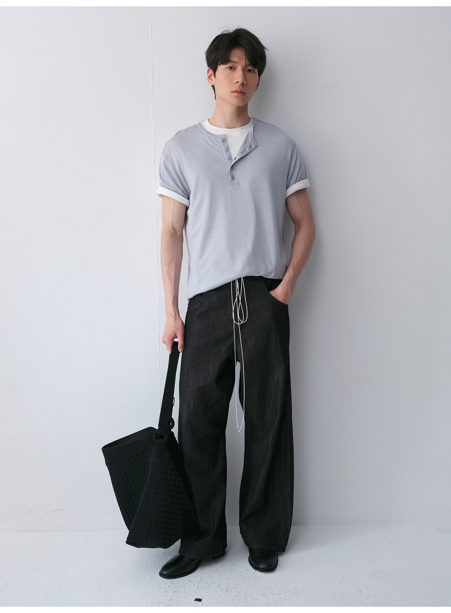 Henry-Collar Drop-Shoulder T-Shirt