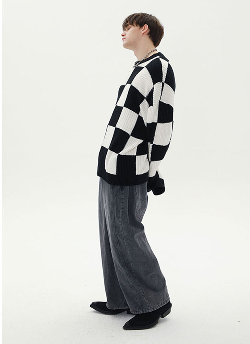 Checkerboard Round Neck Oversized Sweater