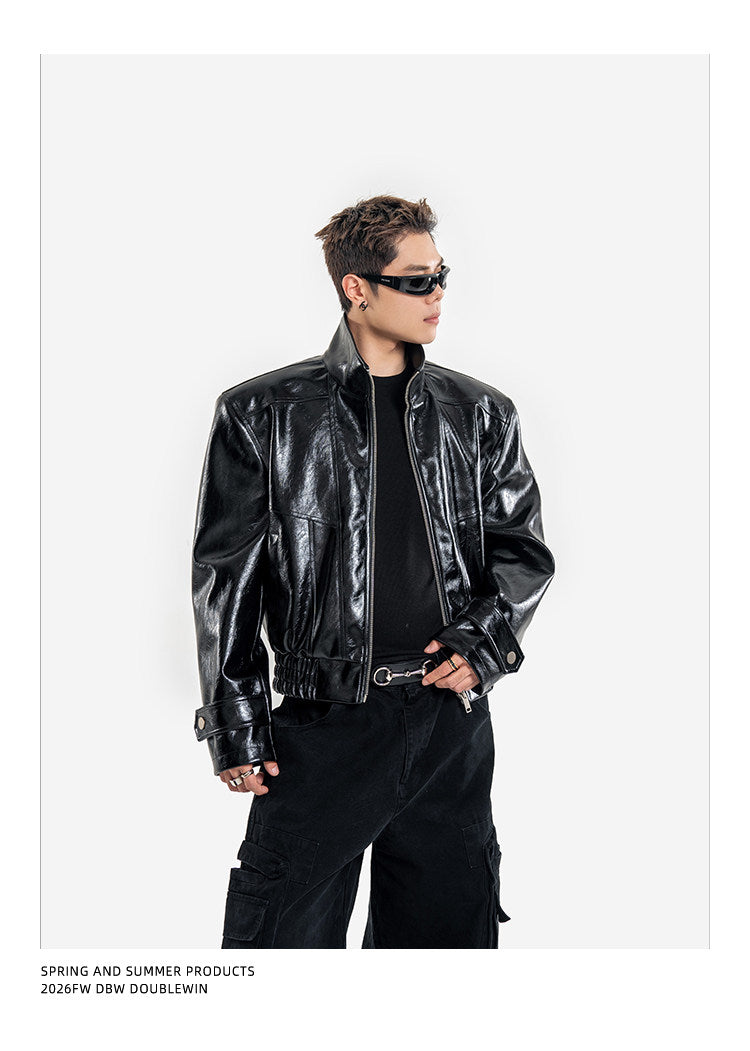 Short Biker Jacket with Stand-Up Collar