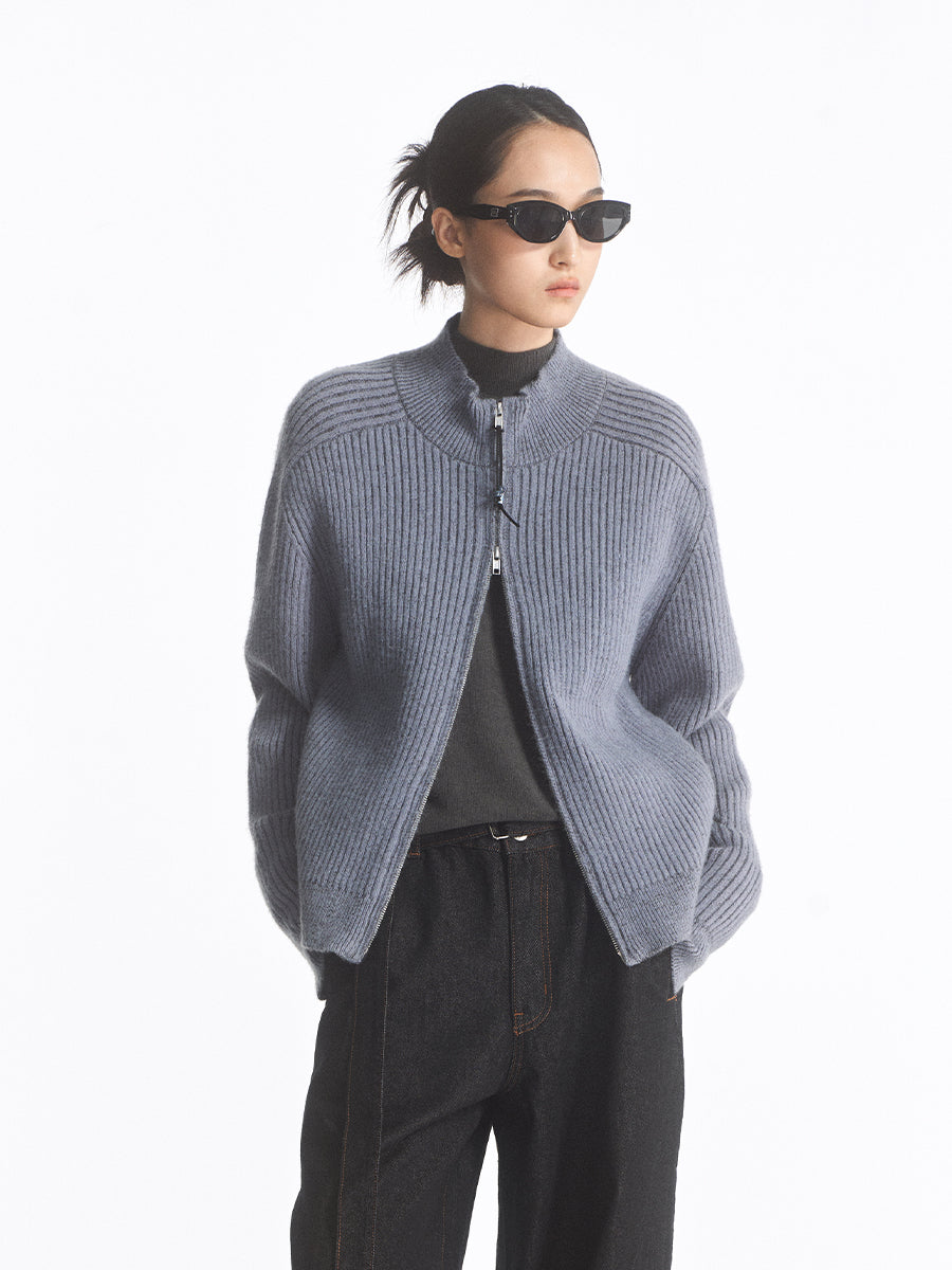 Ribbed Double Zipper Cardigan