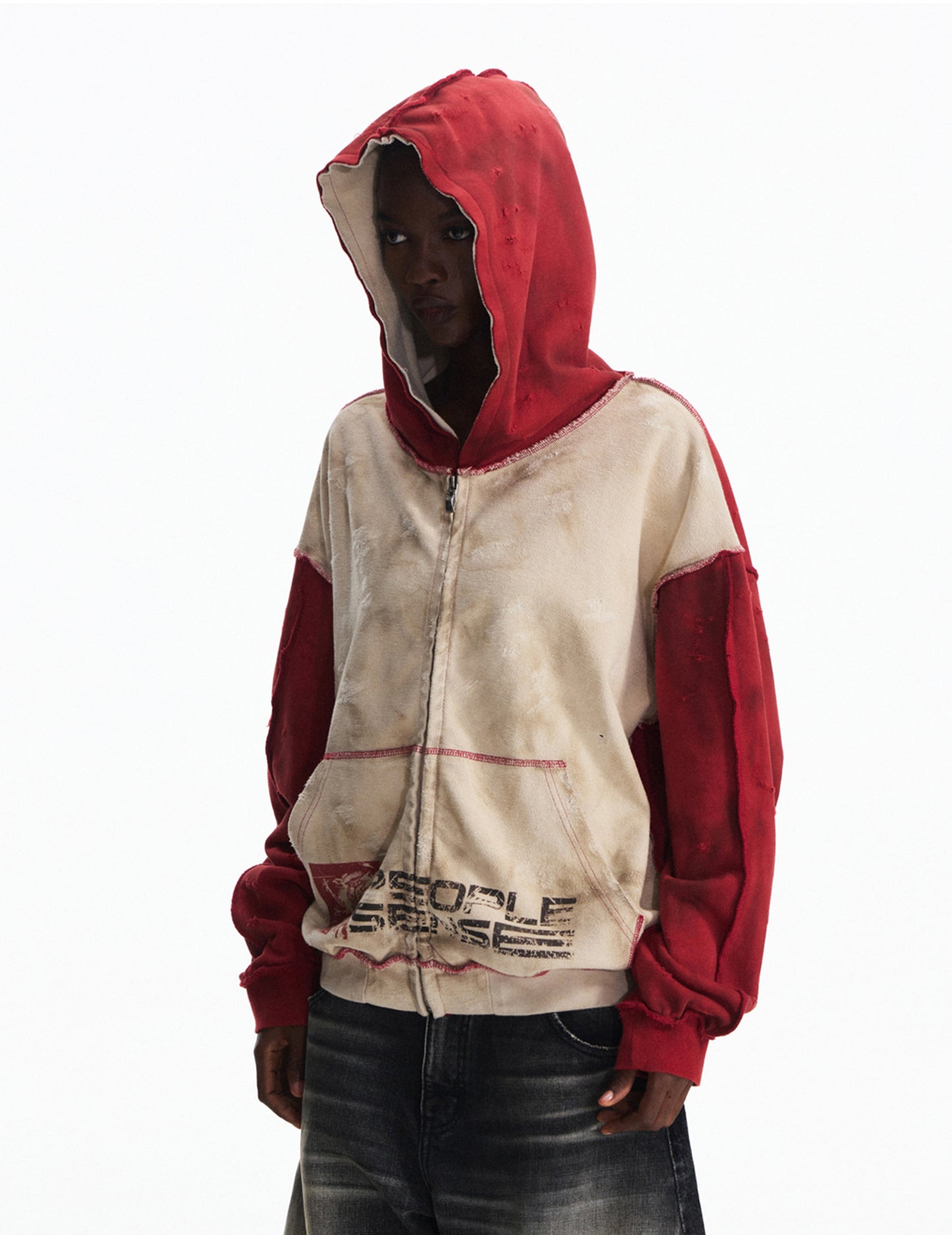 Distressed Hooded Zipper Sweatshirt