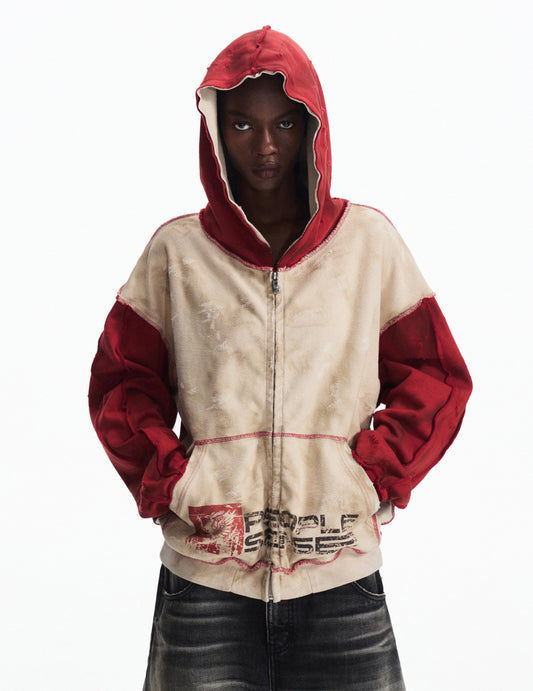 Distressed Hooded Zipper Sweatshirt