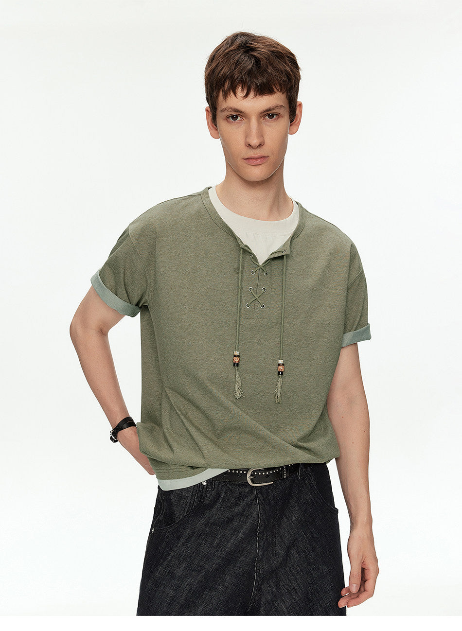 Off-Shoulder Fake Two-Piece T-Shirt with Beads