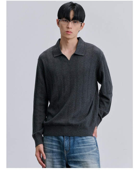 Silk-Wool Knit Shirt with Seagull Collar