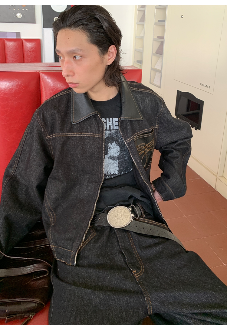 크랙트 레더 칼라 로 데님 재킷