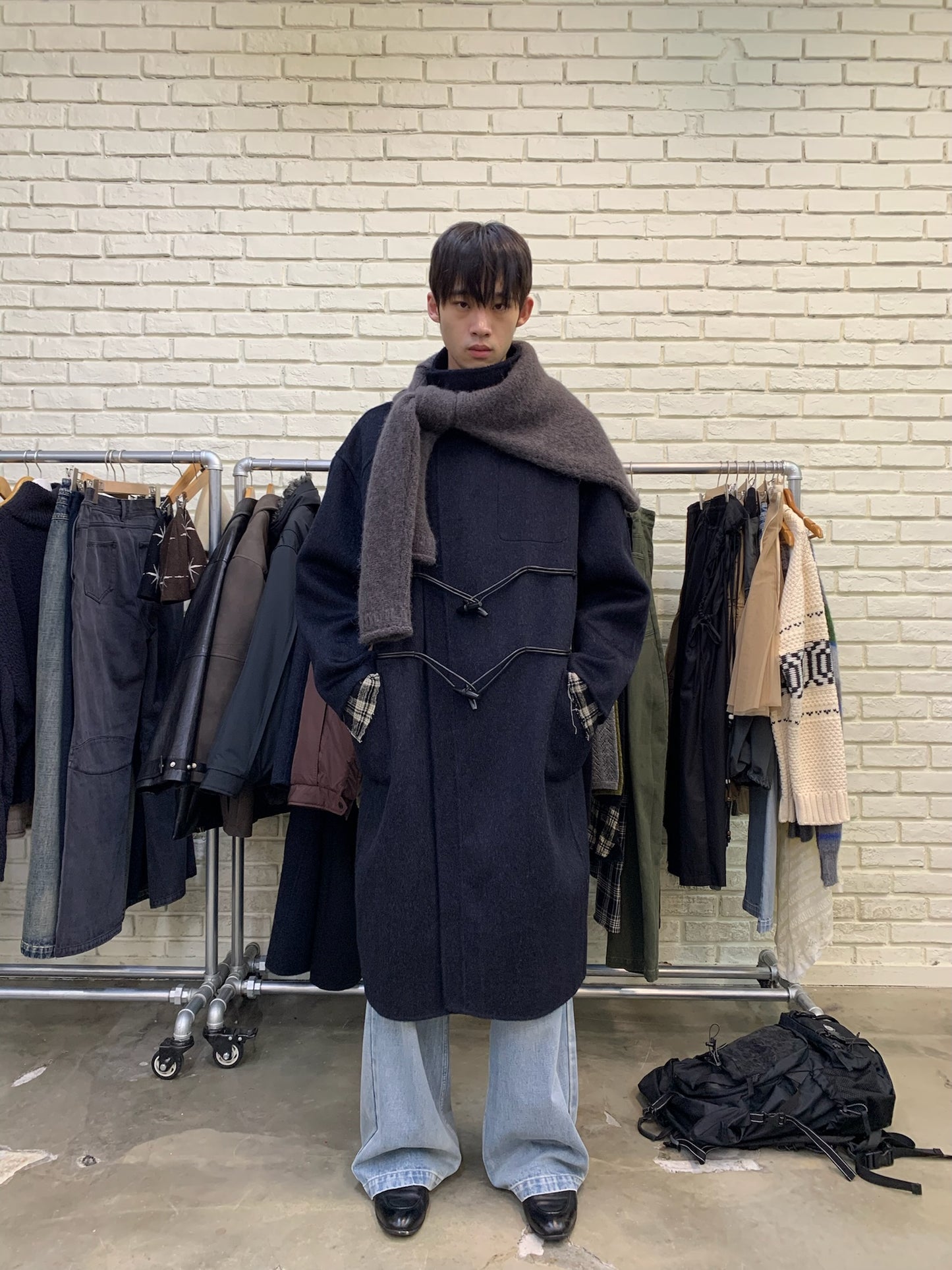 Long wool coat with diagonal placket