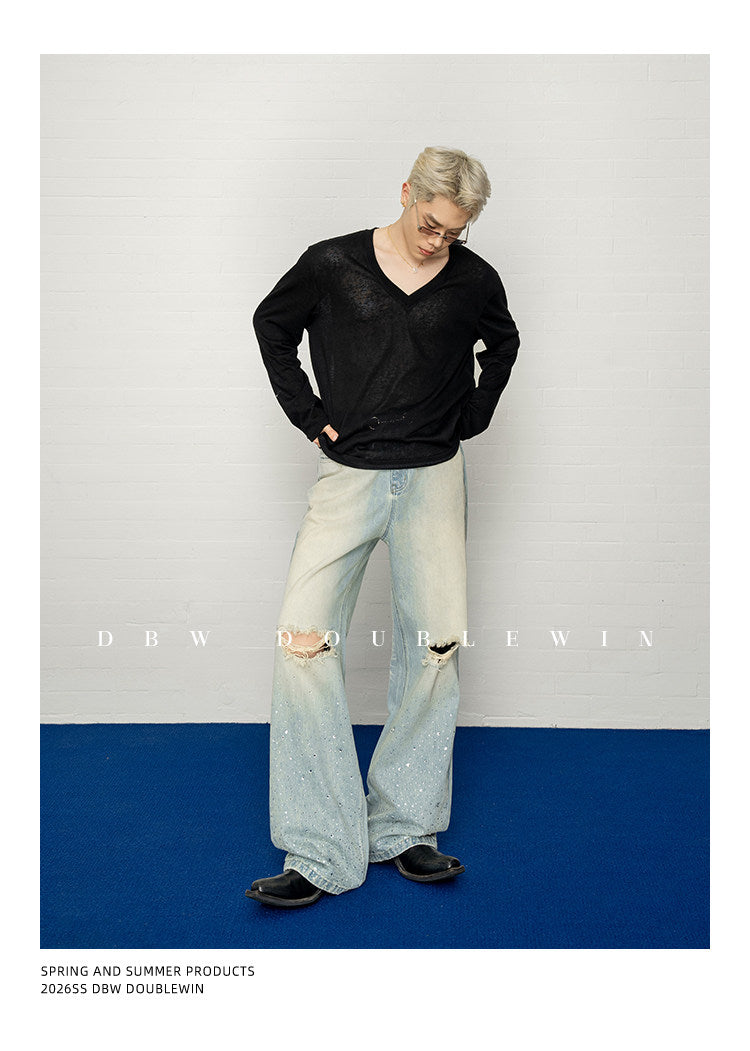 Rhinestone-Embellished Gradient Straight-Leg Jeans
