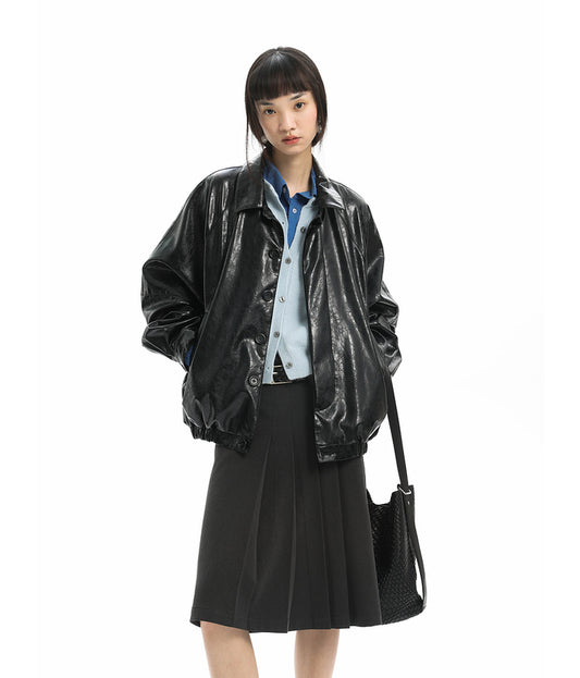 Short Wide Lapel Oil Wax Leather Jacket