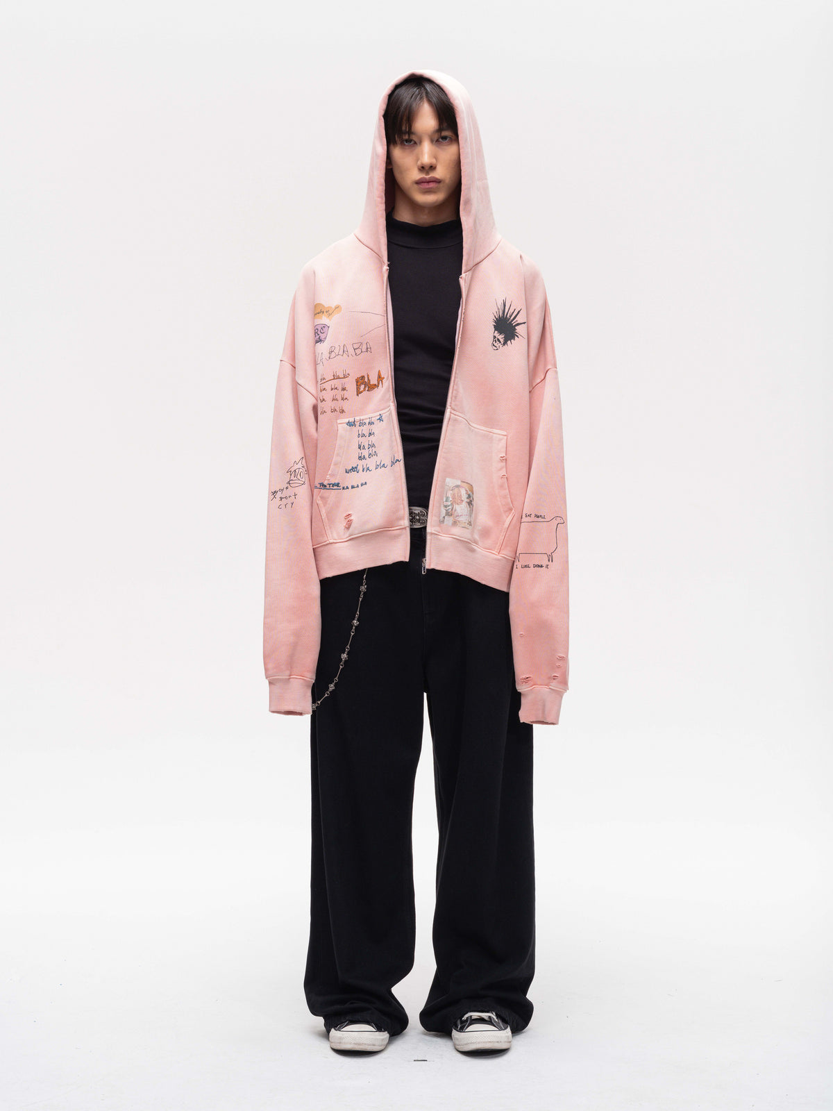 Wash-Distressed Zip-Up Sweatshirt