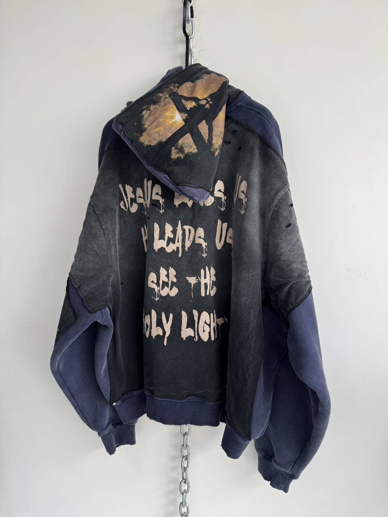 Rock Print Distressed Design Zip-Up Hoodie