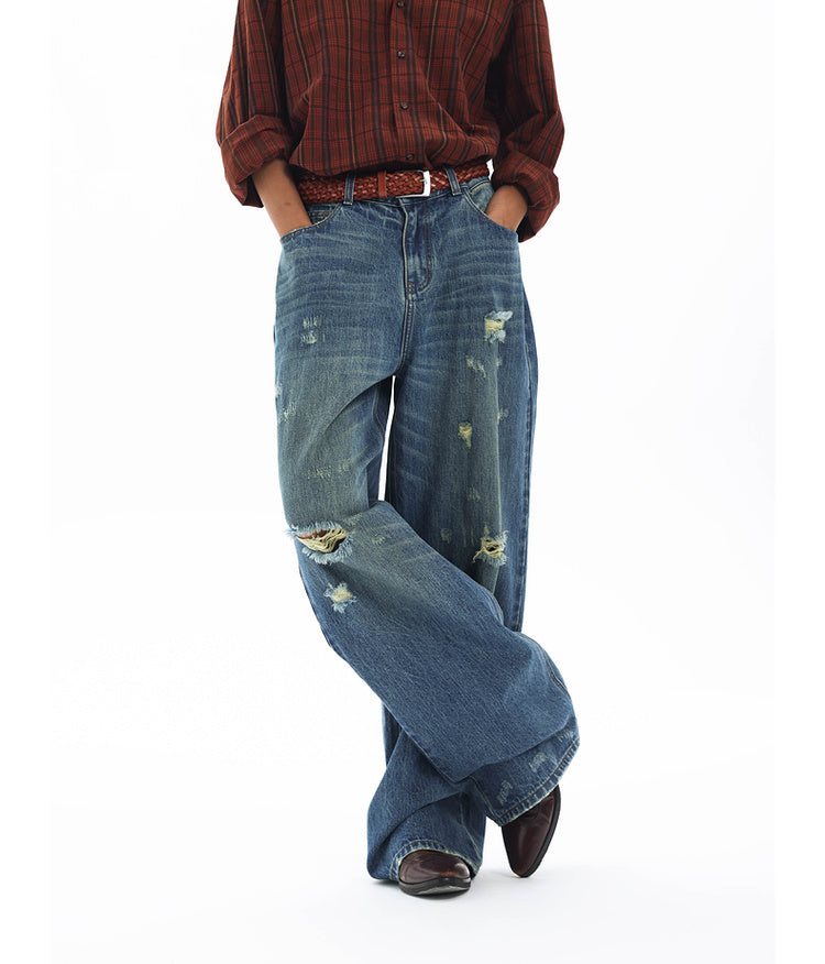 Washed Damaged Loose Casual Denim Pants