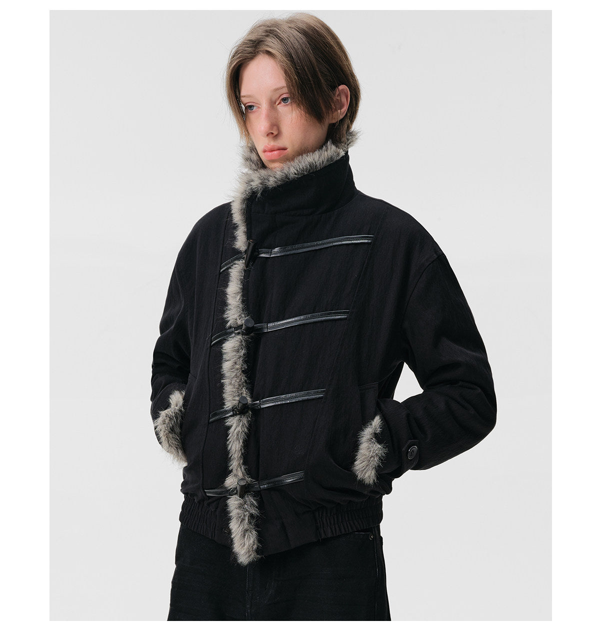 Leather-Laced Cow Horn Button Fur Jacket