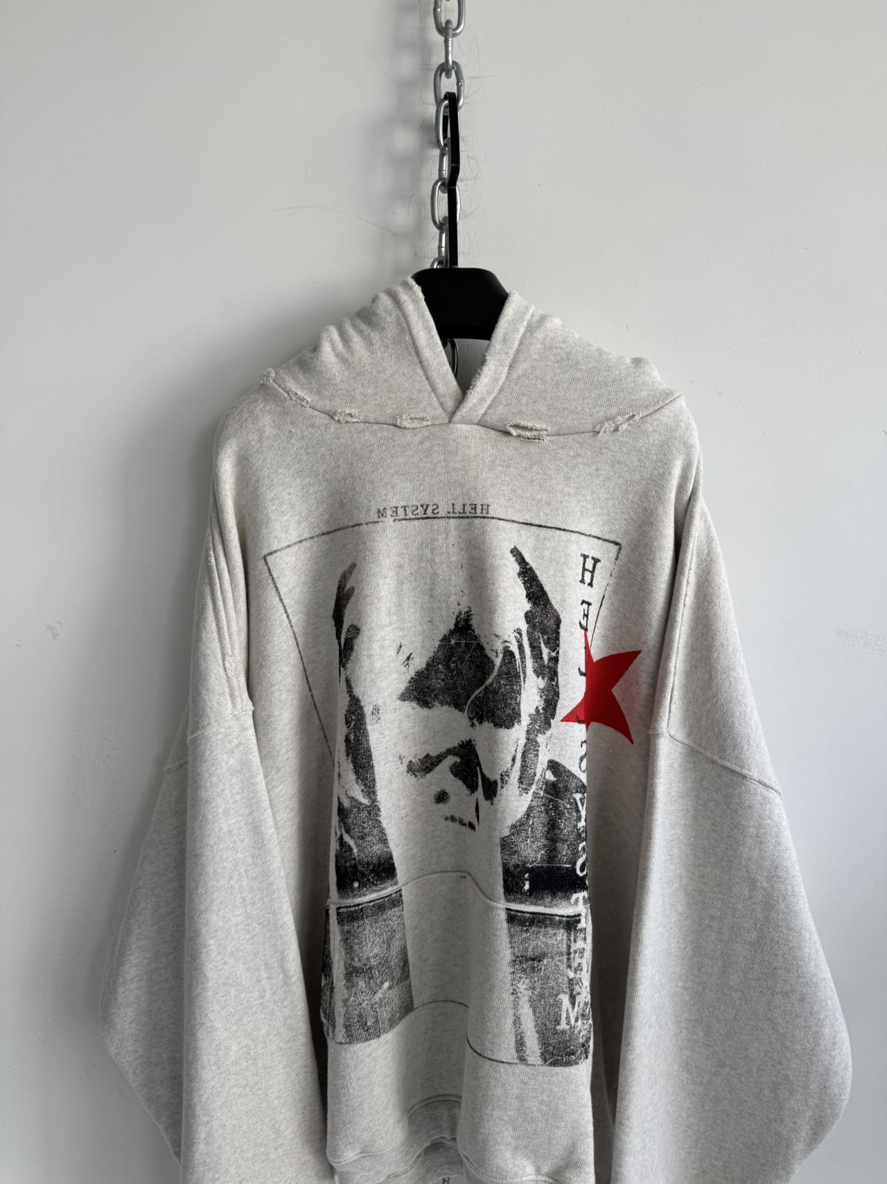 Distressed Short-Sleeve Wide-Fit Pure Cotton Hoodie