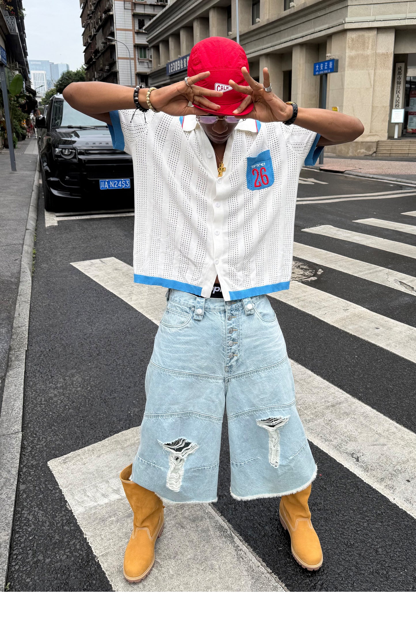 Vintage Whisker-Washed Loose-Fit Denim Shorts