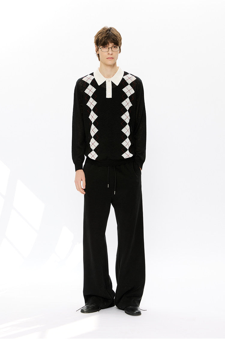 Diamond-pattern knit polo shirt