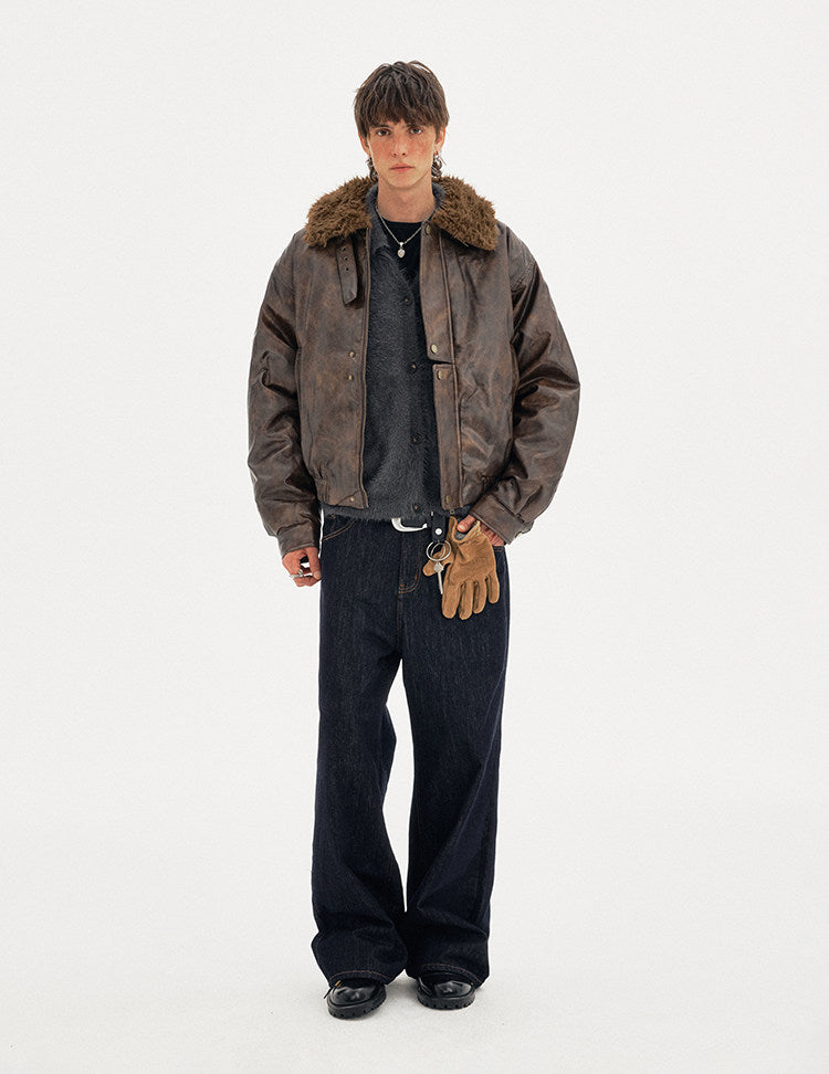 Padded Distressed PU Leather Jacket