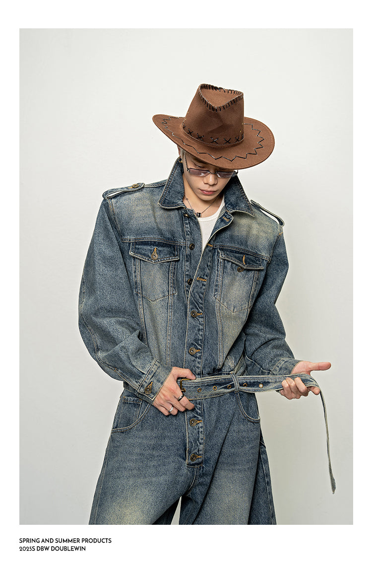 Shoulder Pad Denim Jumpsuit