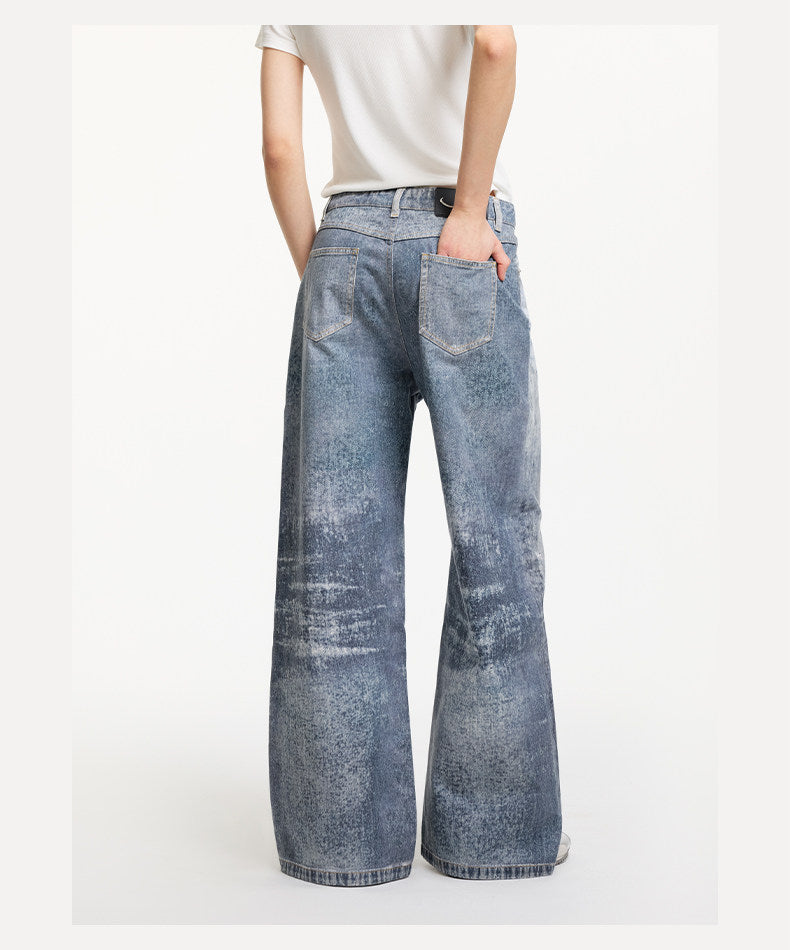 Printed Patchwork Straight-Leg Denim Pants