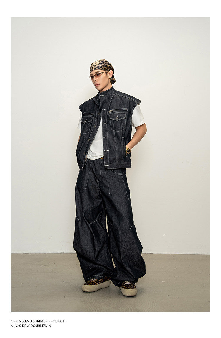 Lined Stand-Up Collar Denim Vest