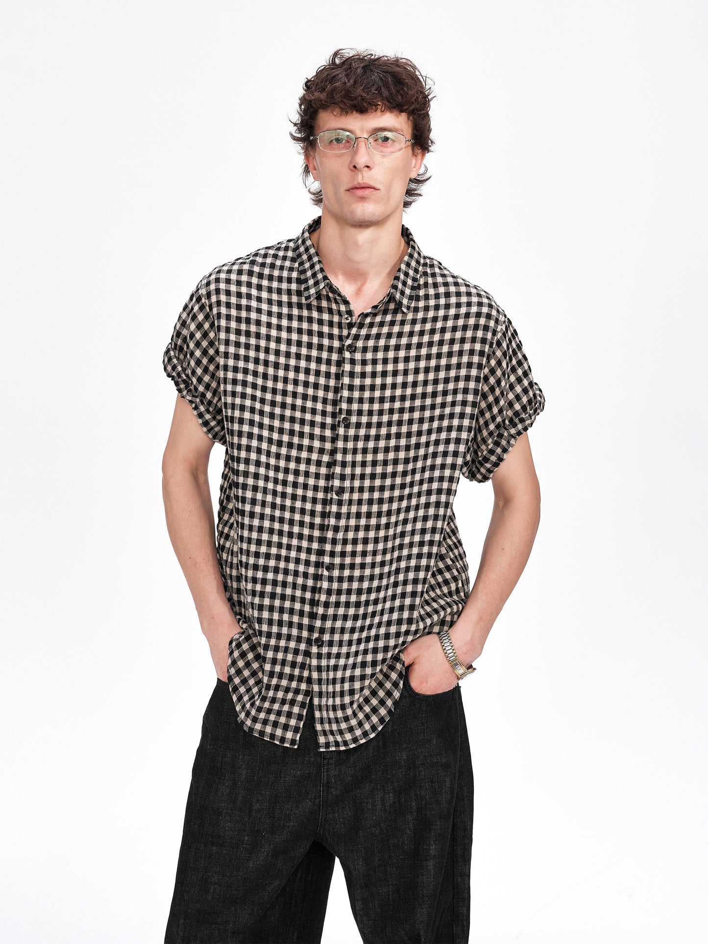 Rolled-Sleeve Checkered Linen Shirt