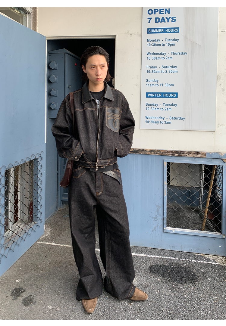 크랙트 레더 칼라 로 데님 재킷