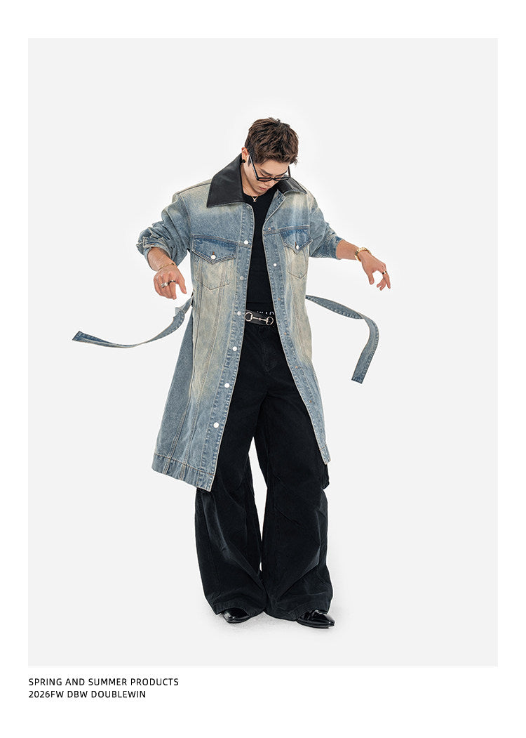 Leather Patchwork Lapel Denim Trench Coat