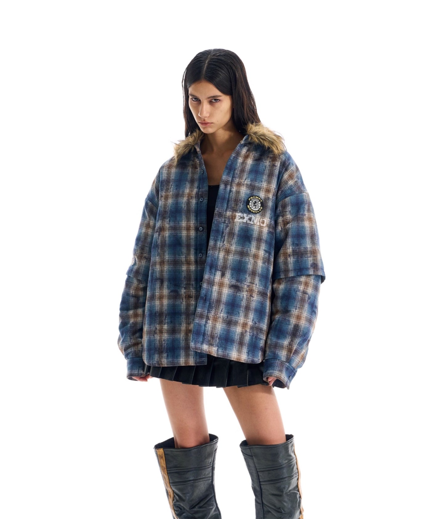 Fake Two-Piece Embroidered Check Shirt