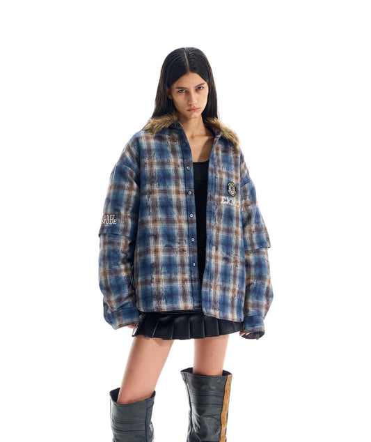 Fake Two-Piece Embroidered Check Shirt