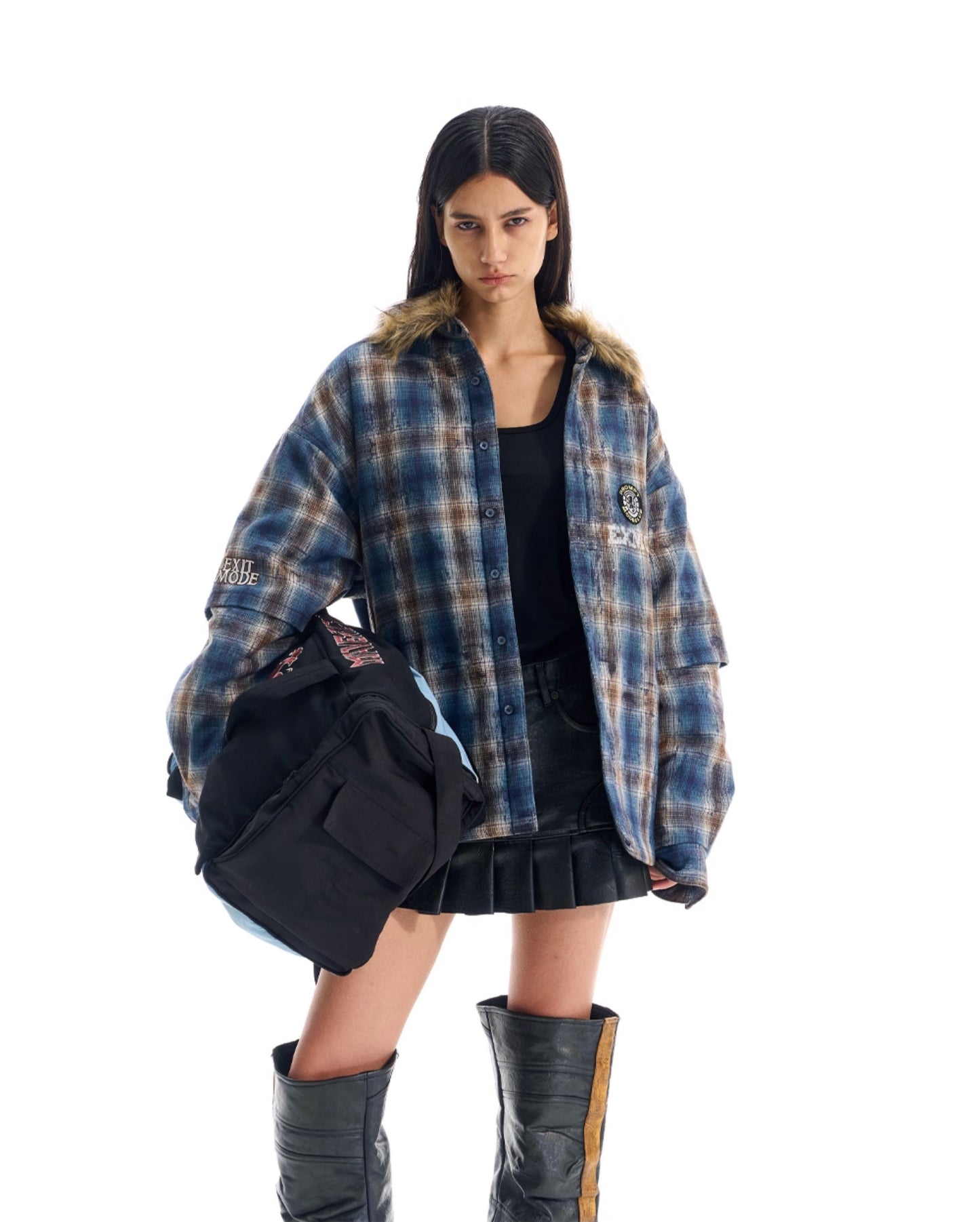 Fake Two-Piece Embroidered Check Shirt