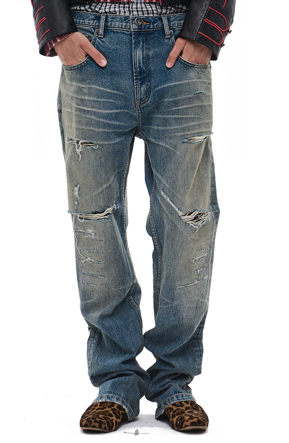 Distressed Straight-Leg Jeans
