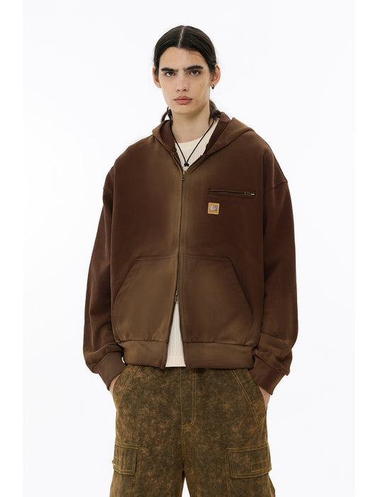 Maillard Style Eco-Friendly Distressed Dirty Fit Zipper Cardigan Sweatshirt