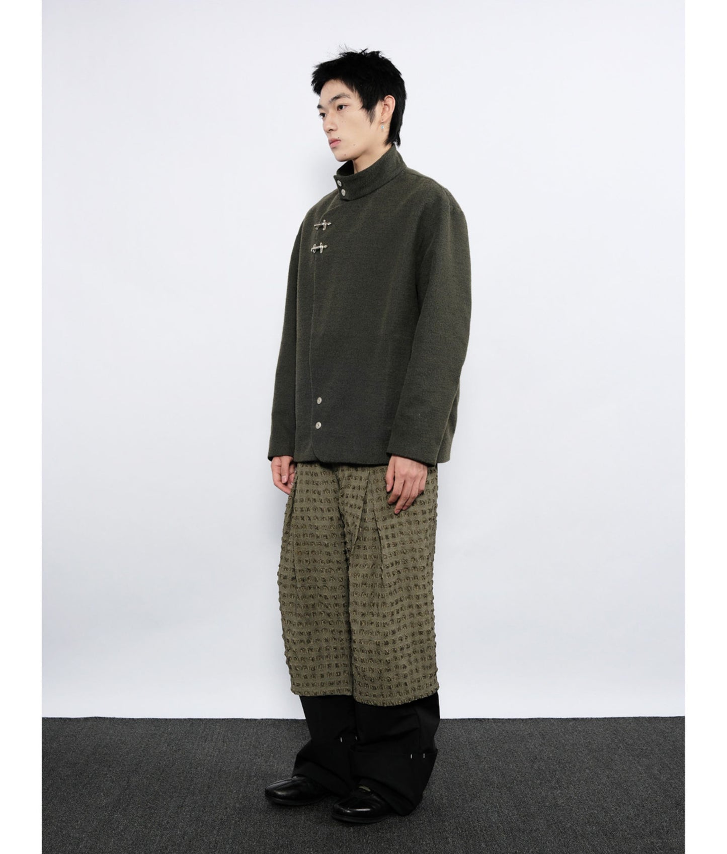 Wool jacket with diagonal front placket