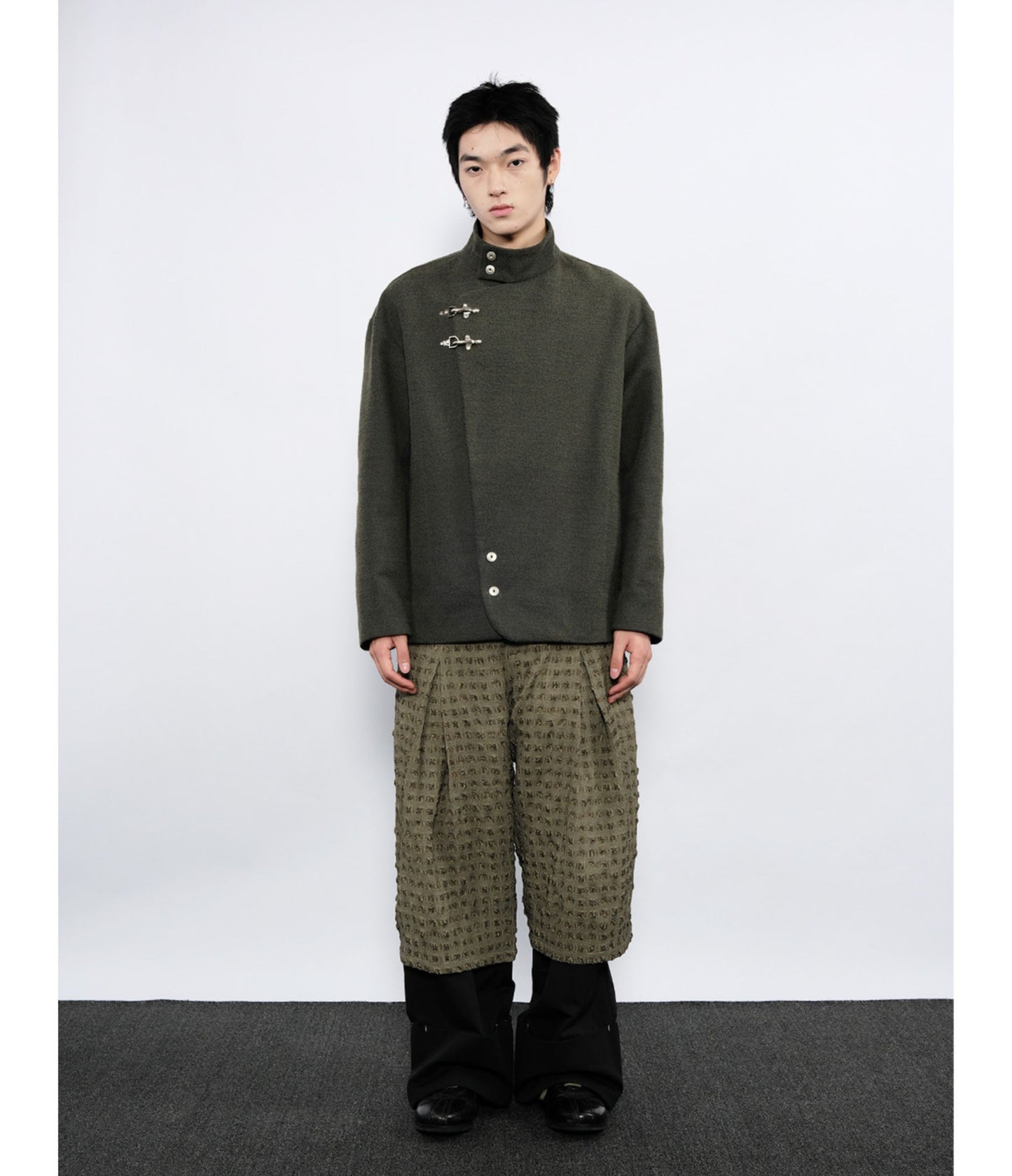 Wool jacket with diagonal front placket