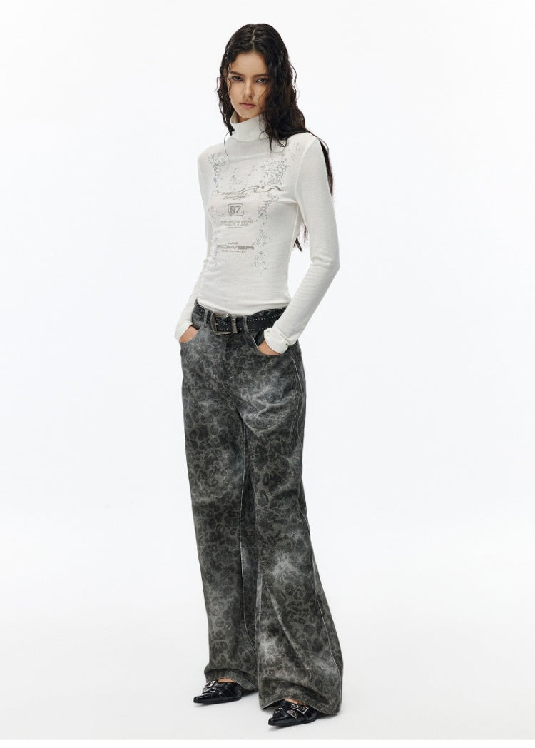 Leopard print wash wide leg jeans