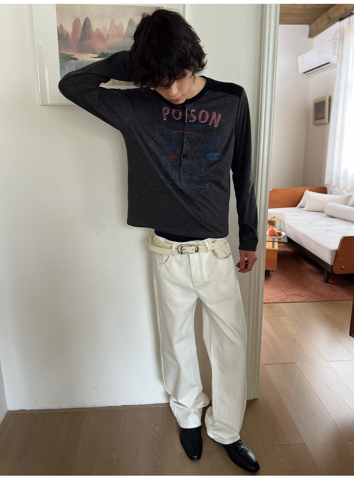 Vintage-Print Henley-Neck T-Shirt