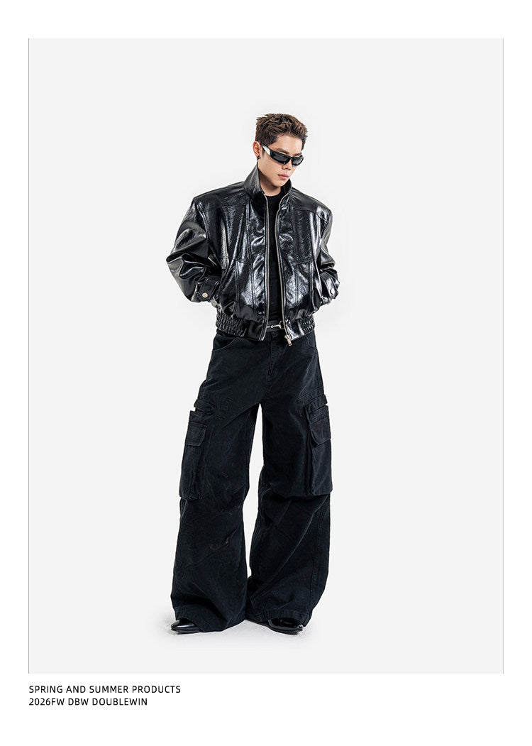 Short Biker Jacket with Stand-Up Collar
