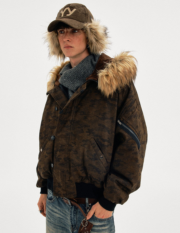 Distressed finish camouflage fur-collar jacket