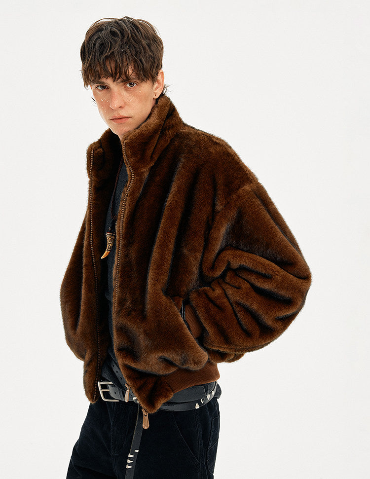 Retro Faux Fur Stand Collar Jacket