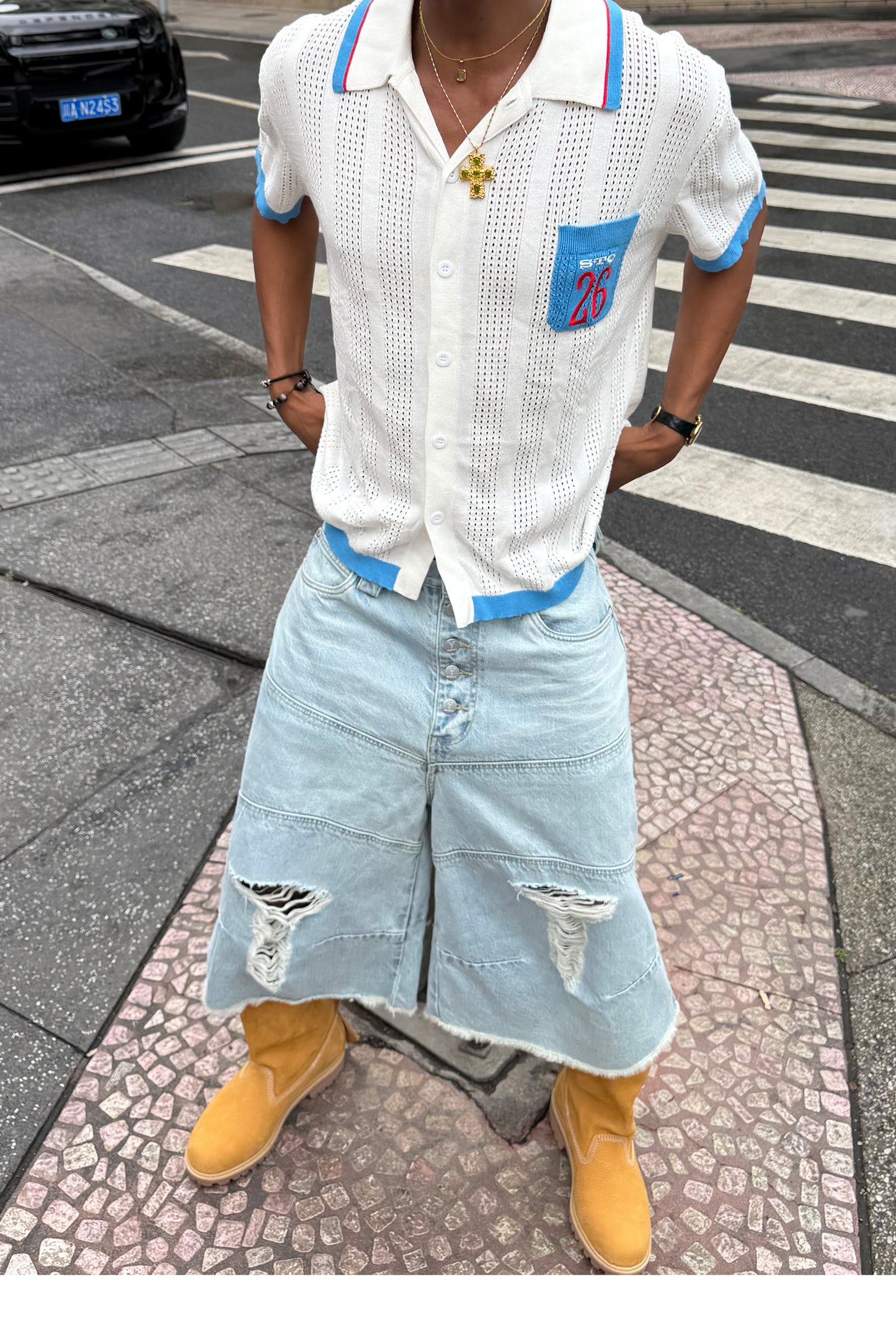 Vintage Whisker-Washed Loose-Fit Denim Shorts